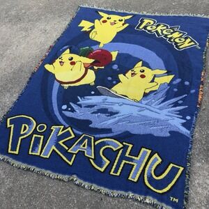 Vintage 90s Nintendo Pokemon Pikachu Throw Blanket Tapestry Woven Blue OS